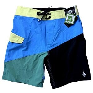Volcom Boys Size 26 12 Colorblock Board Shorts Black Blue Swim Shorts NWT